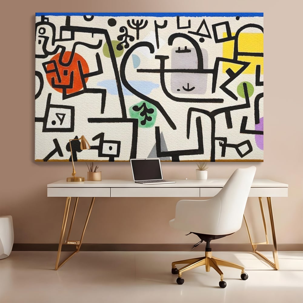Tablou canvas cu pictura abstracta cu forme negre si pete colorate, fara rama, pe sasiu de lemn, pe perete intr-un birou